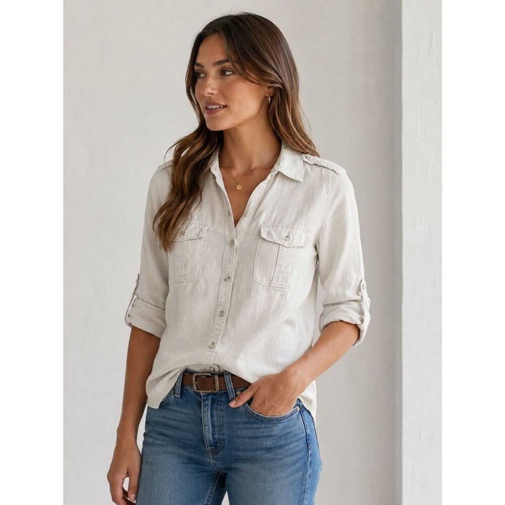 Eddie Bauer Women’s Linen Blend Button Utility Shirt Beige Size L Long Sleeve
